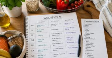 Wochenplan für Mahlzeiten auf einem Küchentisch mit Einkaufsliste