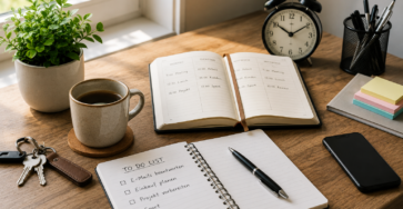 Ordentlicher Alltag mit Kalender, Notizbuch und Kaffee auf einem Tisch