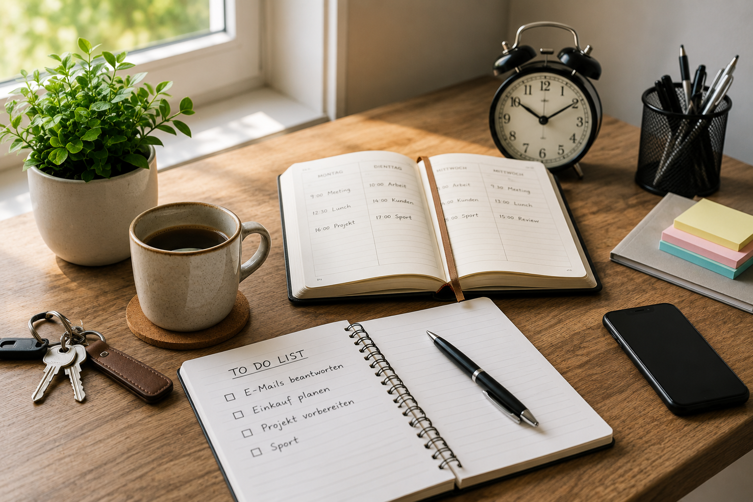 Ordentlicher Alltag mit Kalender, Notizbuch und Kaffee auf einem Tisch