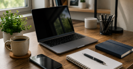 Laptop und Smartphone auf einem Schreibtisch als Symbol für digitale Sicherheit