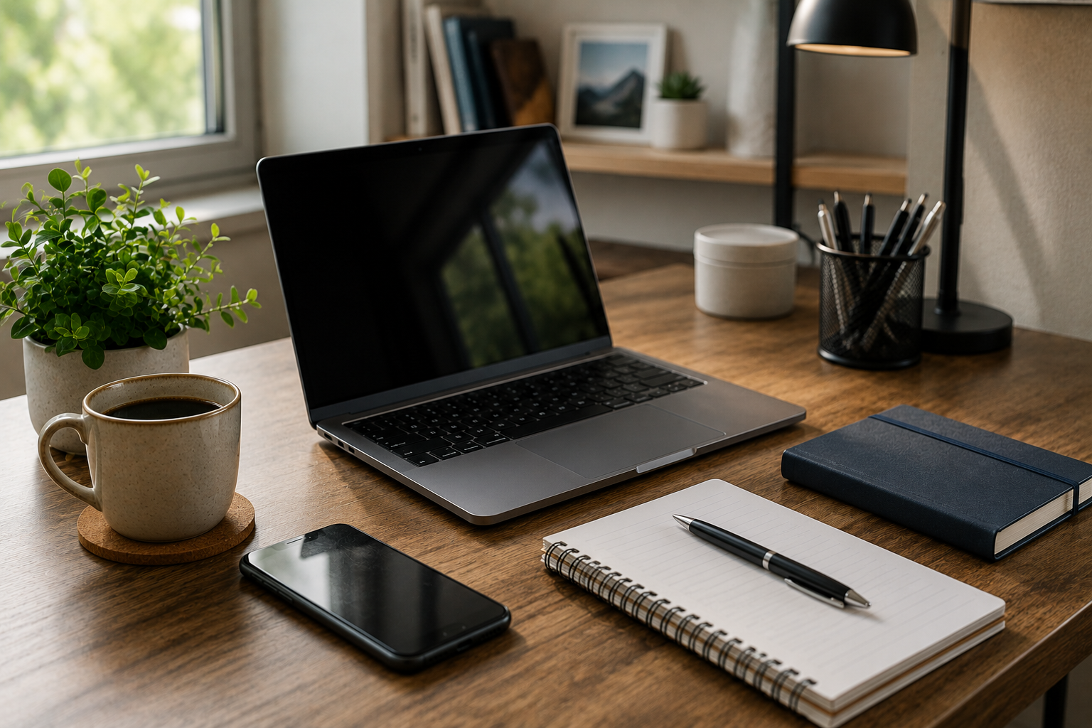Laptop und Smartphone auf einem Schreibtisch als Symbol für digitale Sicherheit