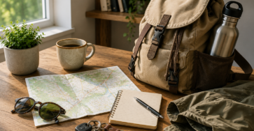 Rucksack, Karte und Wasserflasche auf einem Tisch für einen geplanten Tagesausflug