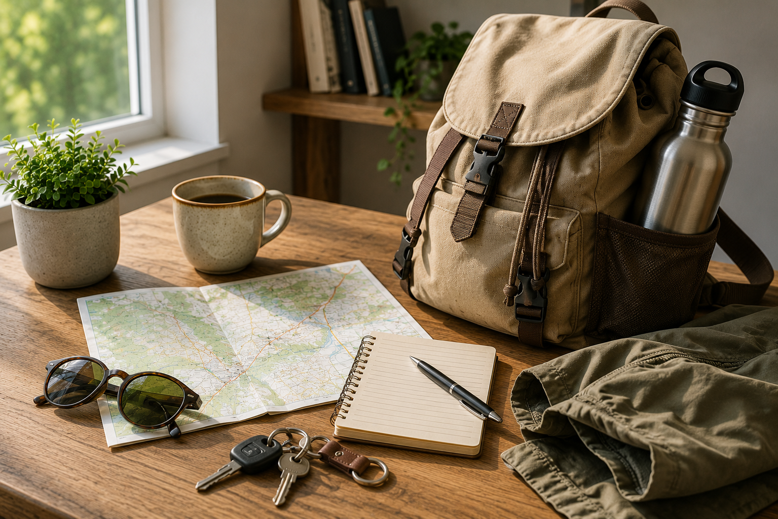 Rucksack, Karte und Wasserflasche auf einem Tisch für einen geplanten Tagesausflug