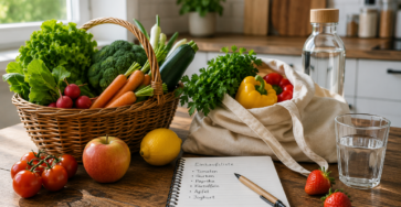 Saisonale Lebensmittel mit frischem Obst und Gemüse auf einem Küchentisch