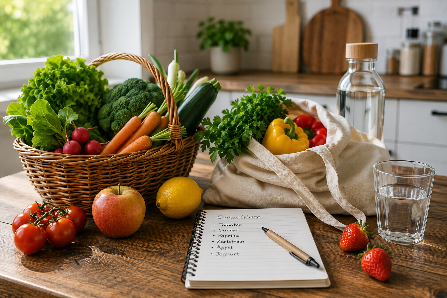 Saisonale Lebensmittel mit frischem Obst und Gemüse auf einem Küchentisch
