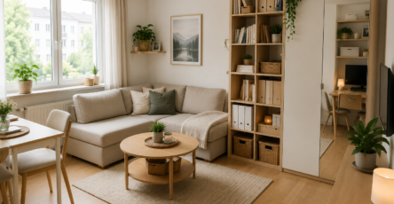 Kleine helle Wohnung mit cleverem Stauraum und ruhiger Einrichtung