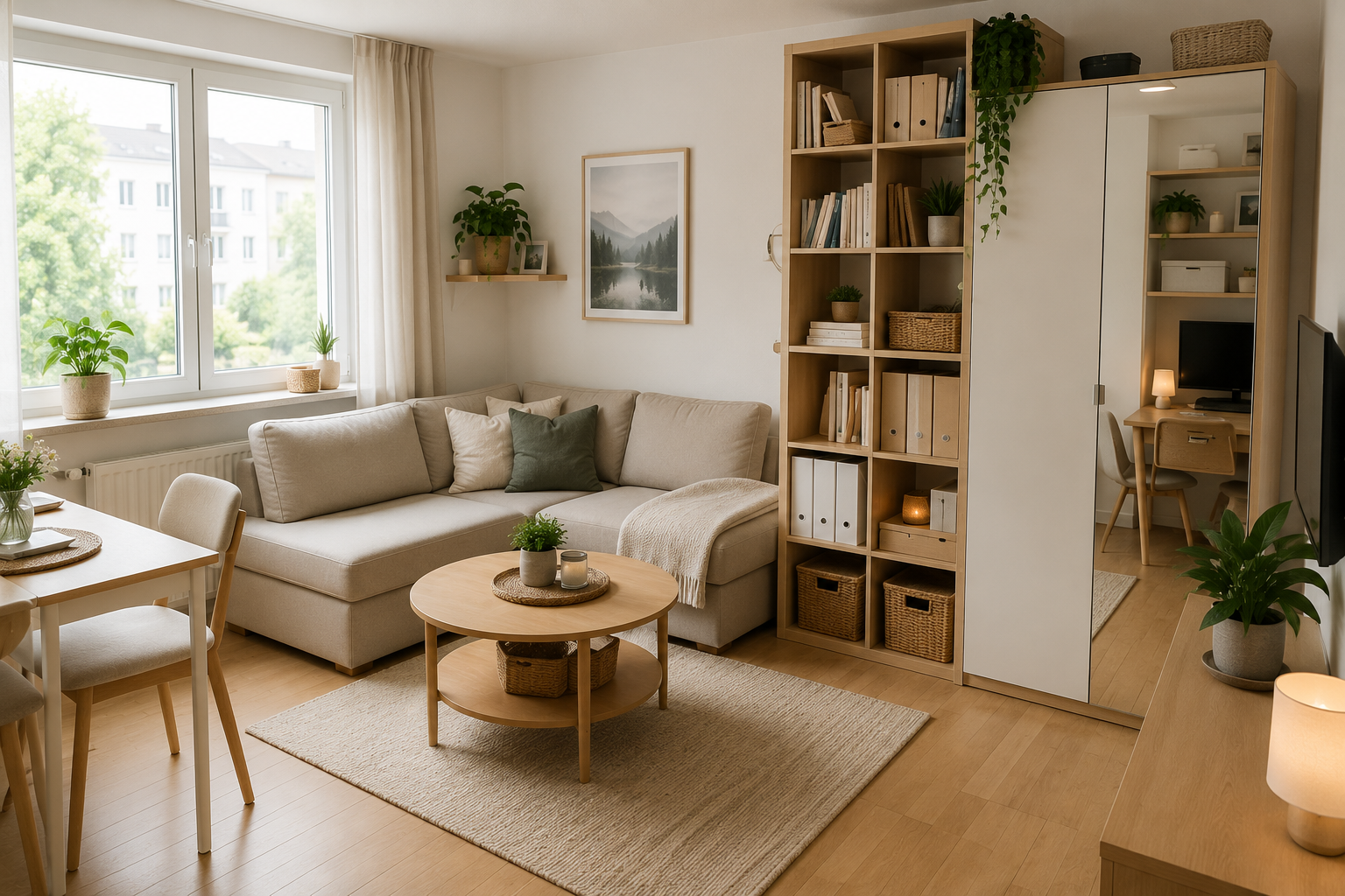 Kleine helle Wohnung mit cleverem Stauraum und ruhiger Einrichtung