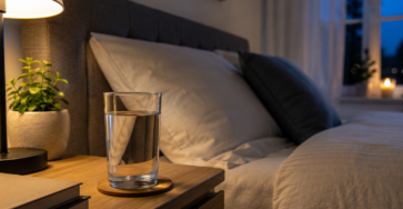 Glas Wasser auf einem Nachttisch neben einem Bett