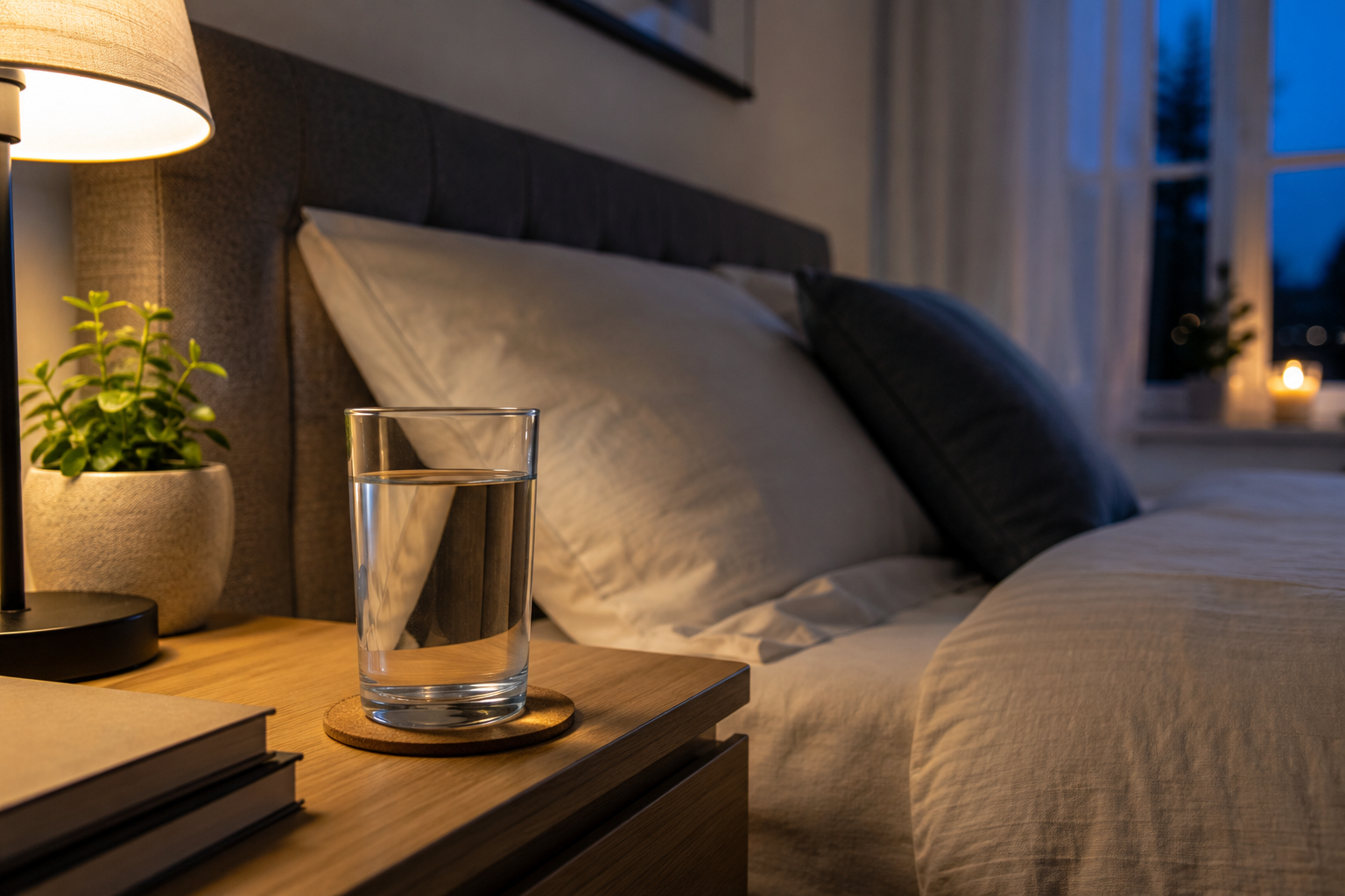 Glas Wasser auf einem Nachttisch neben einem Bett