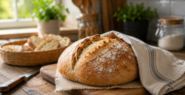 Frisches Brot auf einem Holztisch in einer modernen Küche
