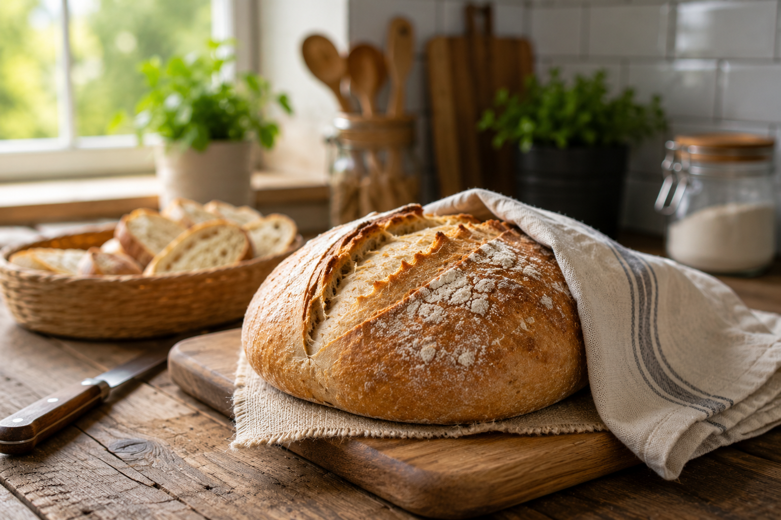 Frisches Brot auf einem Holztisch in einer modernen Küche