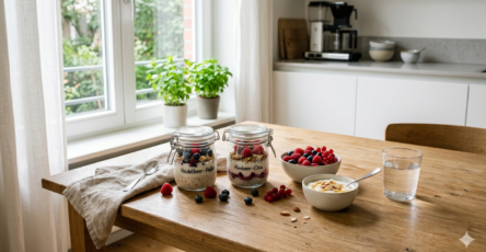 Vorbereitetes Frühstück mit Haferflocken, Obst und Gläsern auf einem Küchentisch