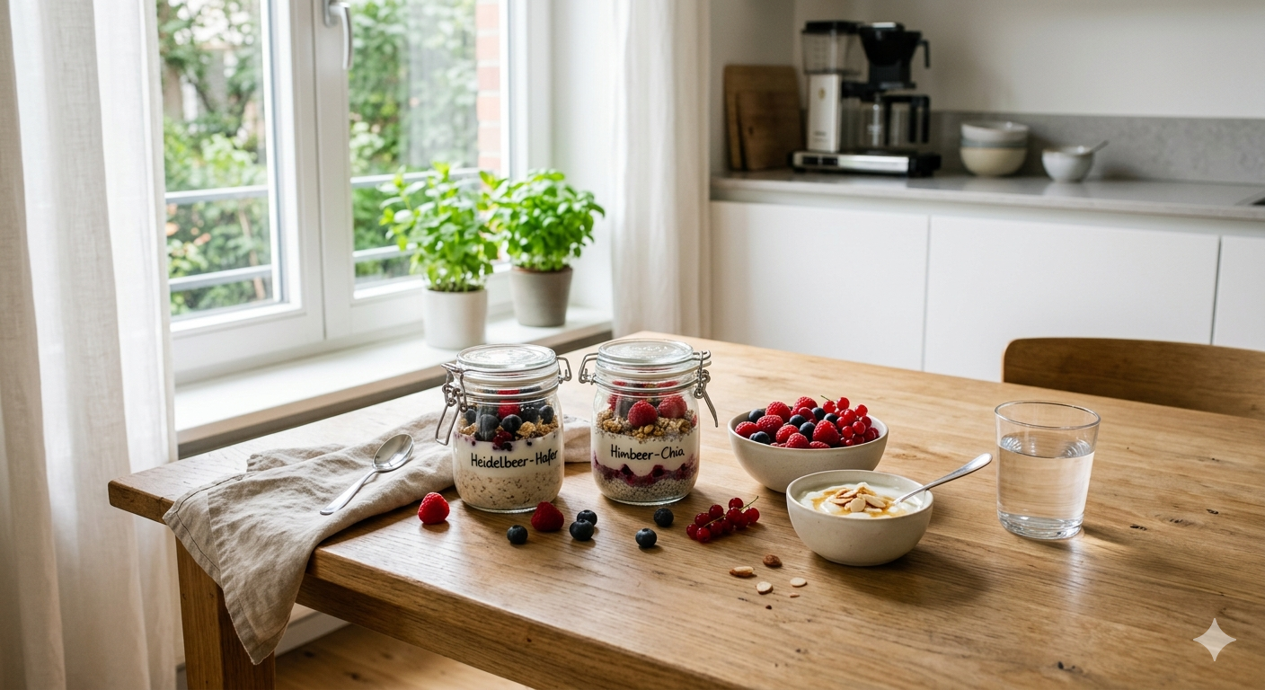 Vorbereitetes Frühstück mit Haferflocken, Obst und Gläsern auf einem Küchentisch