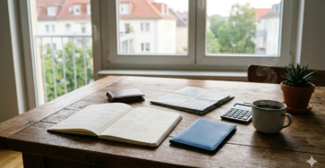 Notizbuch, Reisepass, Karte und Geldbörse auf einem Tisch zur Reisebudget Planung