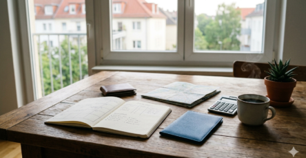 Notizbuch, Reisepass, Karte und Geldbörse auf einem Tisch zur Reisebudget Planung