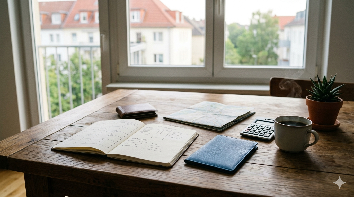 Notizbuch, Reisepass, Karte und Geldbörse auf einem Tisch zur Reisebudget Planung
