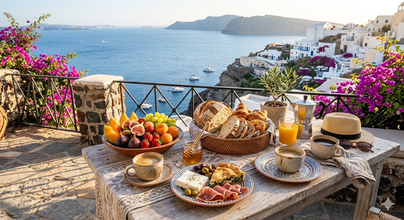 Frühstück auf einer sonnigen Urlaubsterrasse mit Meerblick und regionalen Lebensmitteln