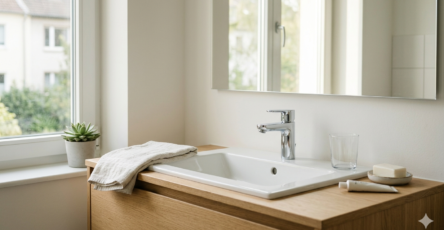 Wasserhahn, Glas und Handtuch in einem hellen Badezimmer als Symbol für Wassersparen