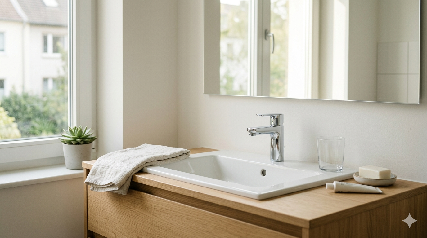 Wasserhahn, Glas und Handtuch in einem hellen Badezimmer als Symbol für Wassersparen