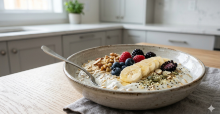 Einfache Joghurt Frühstücksidee mit Haferflocken Obst und Nüssen