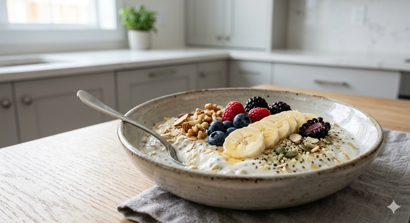 Einfache Joghurt Frühstücksidee mit Haferflocken Obst und Nüssen