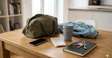 Reisetasche, Zugticket und Kaffeebecher auf einem Tisch vor einer Bahnreise