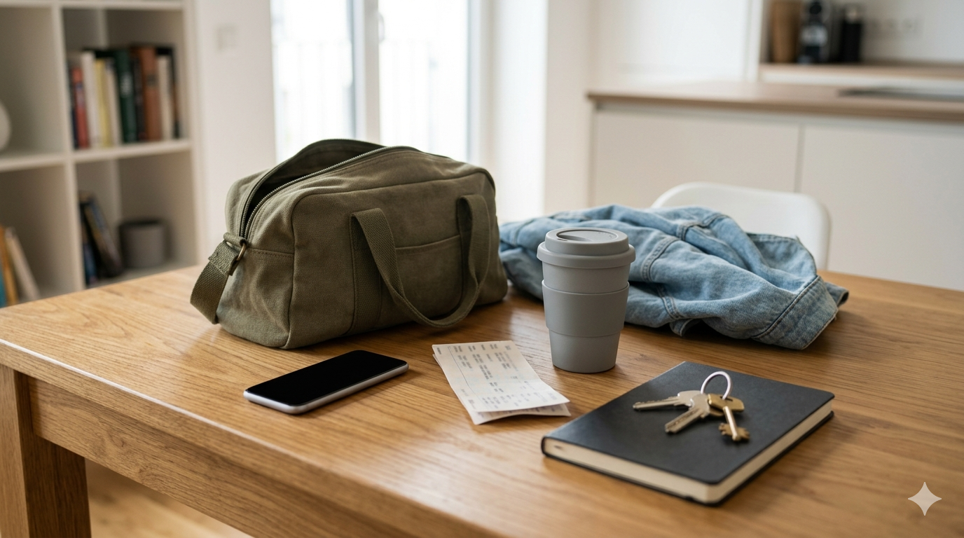 Reisetasche, Zugticket und Kaffeebecher auf einem Tisch vor einer Bahnreise