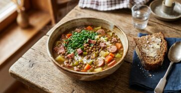 Deutsche Linsensuppe mit Speck und Würstchen