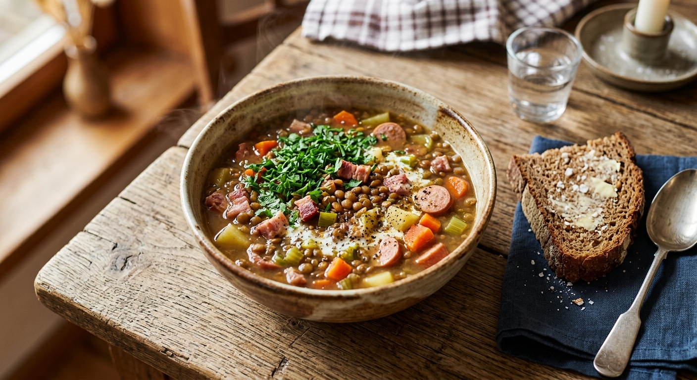 Deutsche Linsensuppe mit Speck und Würstchen