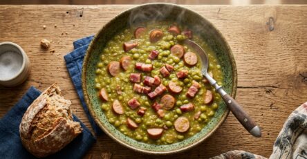 A rustic overhead photo of a bowl of thick green pea soup (Erbsensuppe) with visible pieces of bacon and sliced sausage (Würstchen), steam rising, served in a rustic ceramic bowl with a spoon, wooden table, crusty bread on the side, warm cozy natural light, homemade German comfort food styling, photorealistic, no text, no watermark, landscape orientation