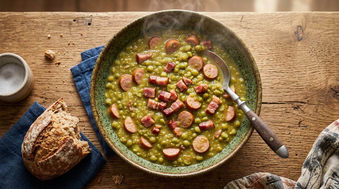 A rustic overhead photo of a bowl of thick green pea soup (Erbsensuppe) with visible pieces of bacon and sliced sausage (Würstchen), steam rising, served in a rustic ceramic bowl with a spoon, wooden table, crusty bread on the side, warm cozy natural light, homemade German comfort food styling, photorealistic, no text, no watermark, landscape orientation